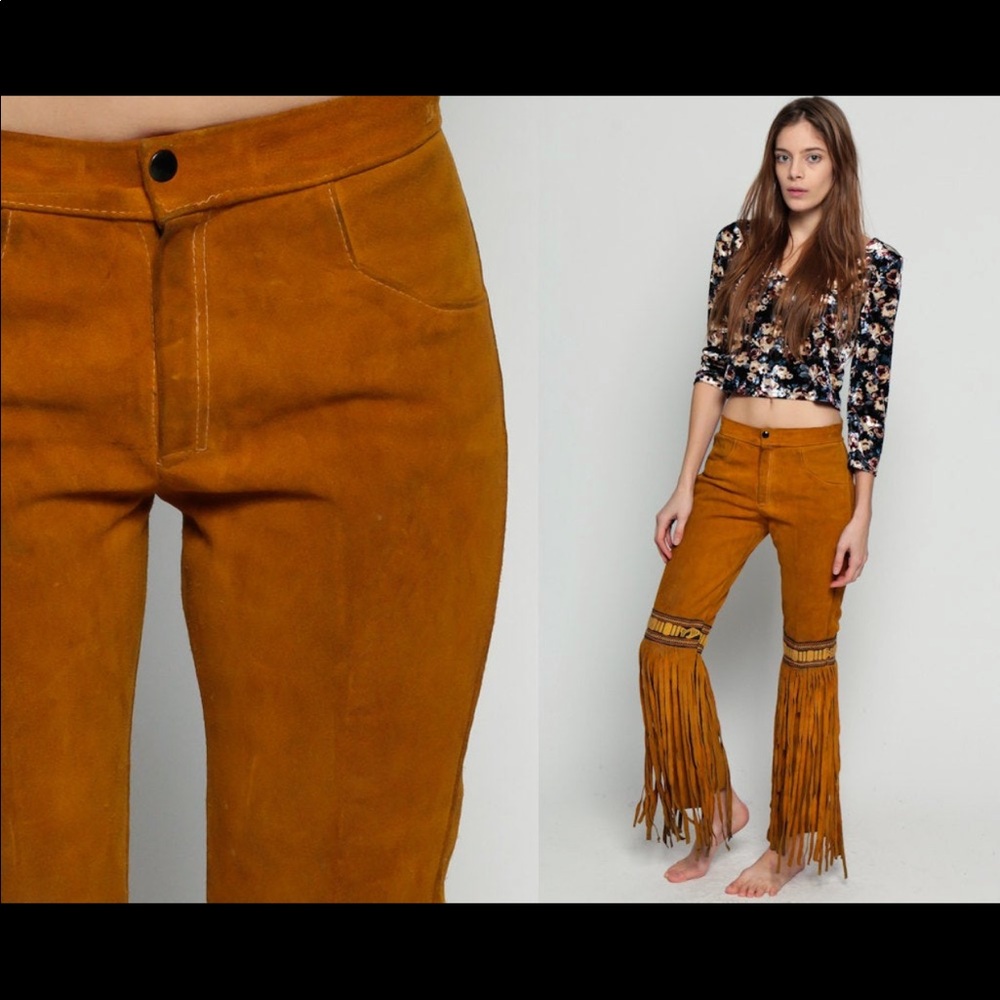 70s SUEDE FRINGE High Waist Trousers Flare